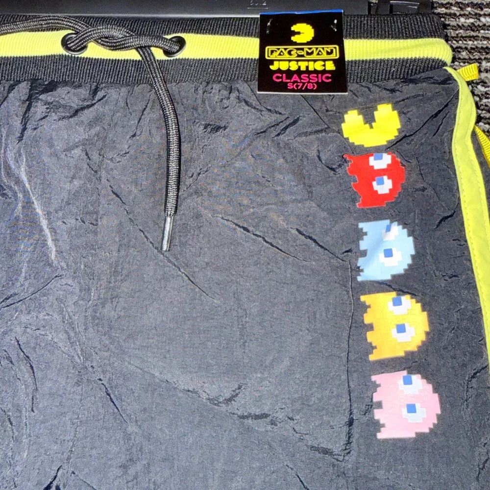 Justice Pac-Man Running Shorts Kids Size S 7/8 New Black Neon Yellow 607773